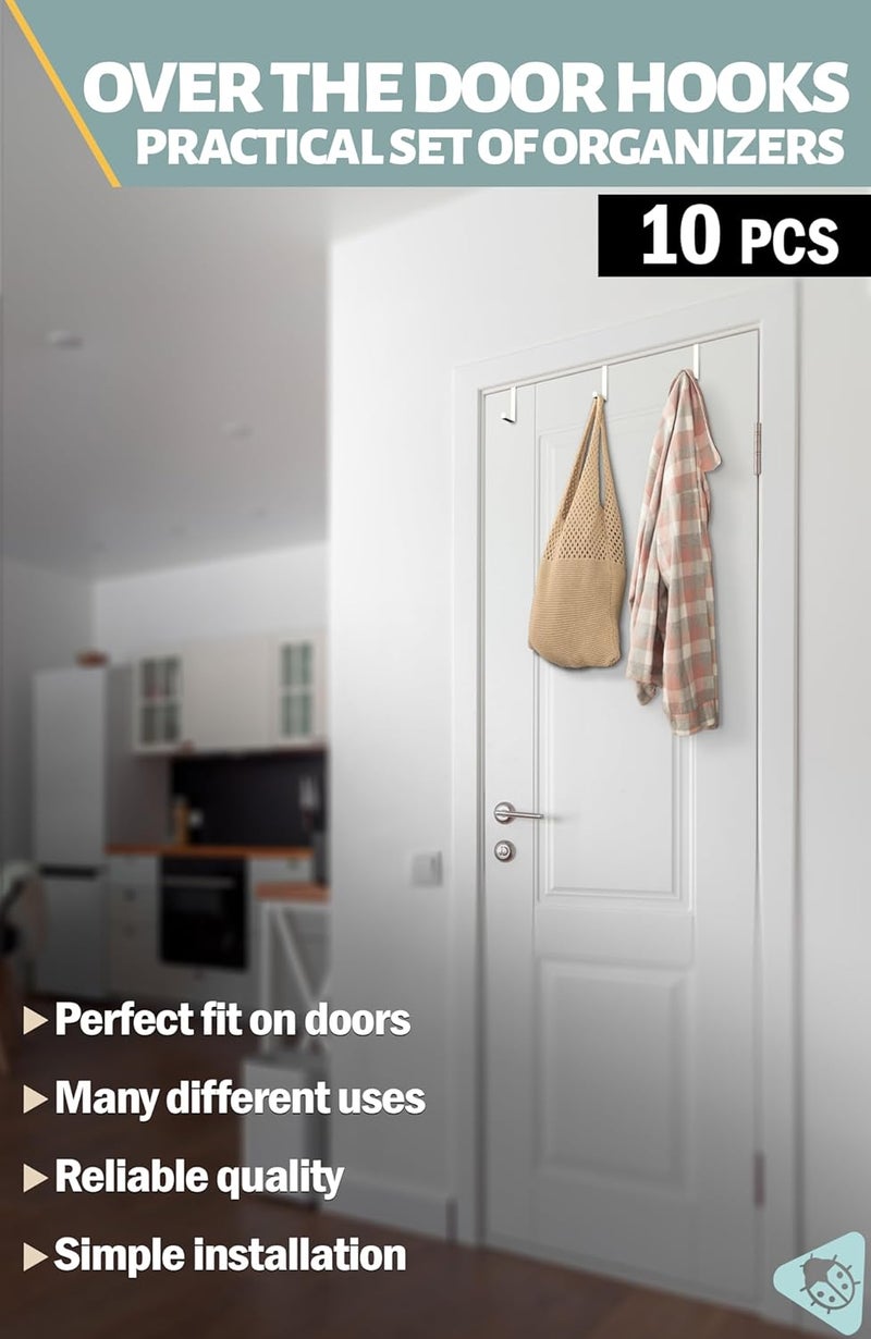 MNZ Set of 10 Over The Door Hooks - White Coat Hanger, 2-Sided Towel Holder fits 1 3/8" & 1 3/4" - Hooks for Hanging with Anti-Scratch Felt Pads, Wreath Hanger with Removable Sticky Non-Slip Dots - Image 3